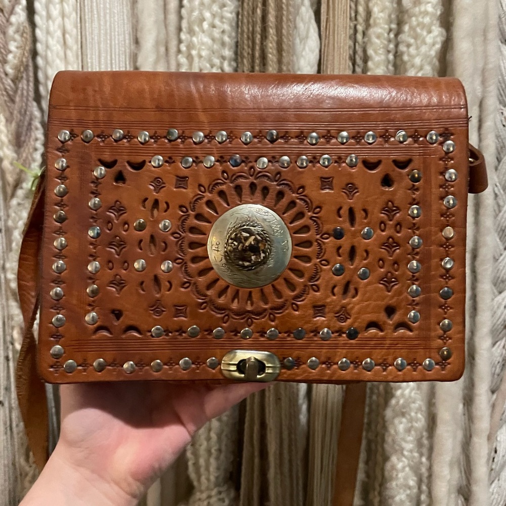 • Italian rectangle leather studded satchel with silver detailing •